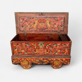 Indonesian Madura Carved Wood Jodang Polychrome Painted Gilt Marriage Trunk on Wheels