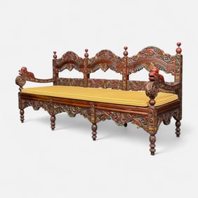 Antique Southeast Asian Intricately Carved & Painted Wood Flat-Back Hall Upholstered Bench