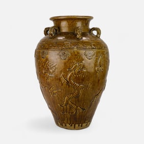 Large Antique Chinese Martaban Stoneware Vase w/Dragon, Crane, and Floral Decoration