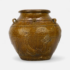 Antique Chinese Martaban Jar w/Dragon Decoration and Six Handles