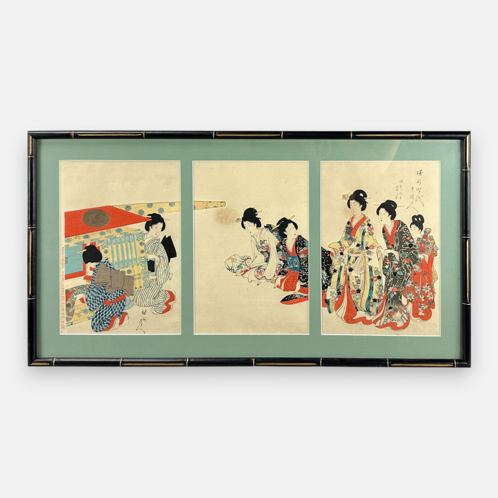 Toyohara Chikanobu Japanese Edo Tokugawa Period Triptych: Framed, matted, and sealed. Unexamined out of frame. Fair to good condition, with shown toning and discoloration. Approx. sight size for each 13 1/2" x 9".For shipping, we highly recommend Donald Camd