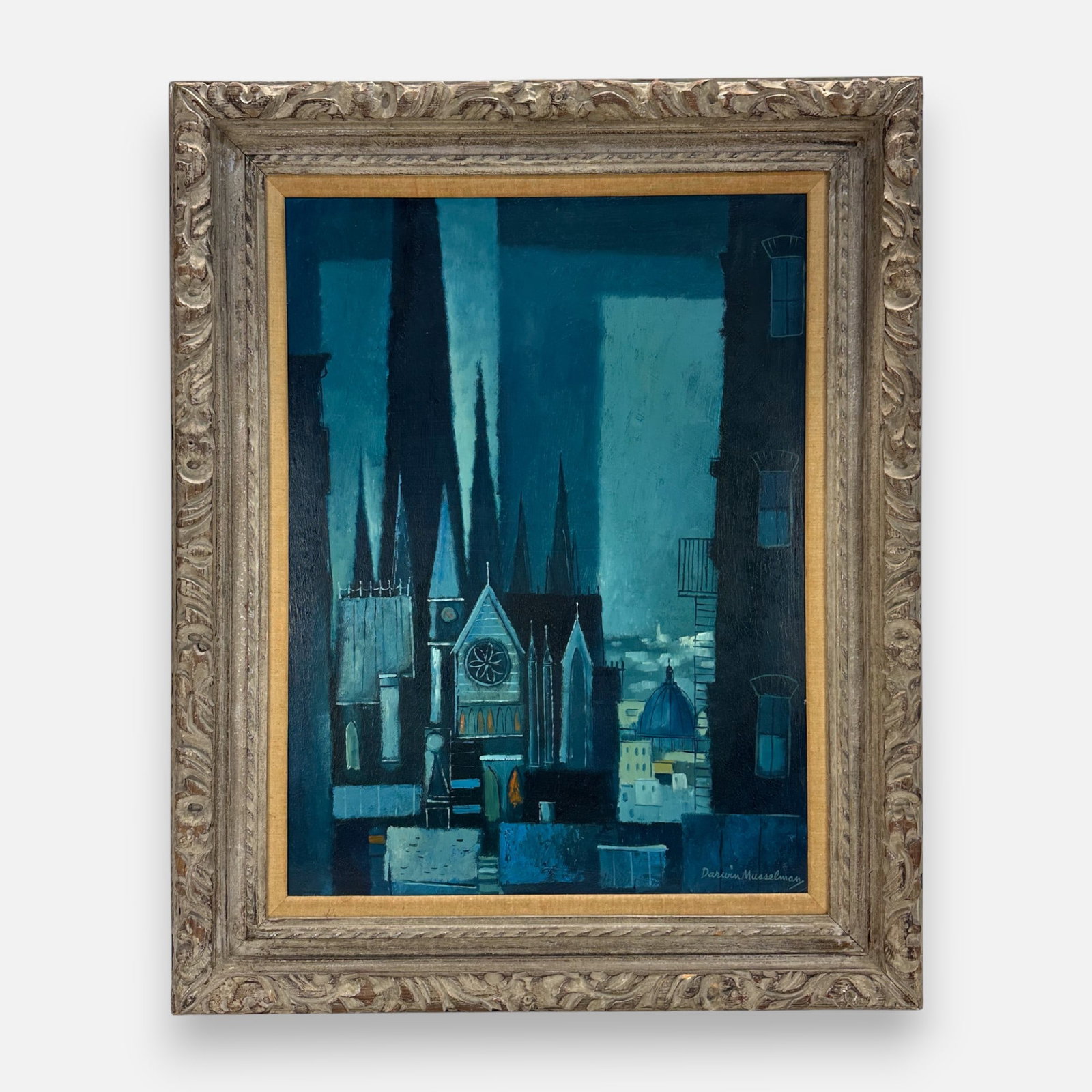 Darwin Musselman "Spires at Dusk" MCM Cityscape Oil on Board Painting Framed: Original oil painting titled "Spires at Dusk" by American artist Darwin Musselman (1916-2001). Signed lower right. Approx. board size 24" x 18". For shipping, we highly recommend Donald Camden at UPS 