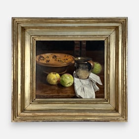 Artist Signed 1967 Stoneware and Apples Still Life Oil on Board Painting Framed