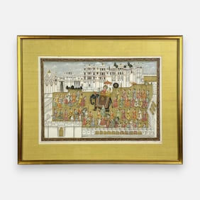 Antique Indian Mughal Procession Painting Framed and Matted under Glass