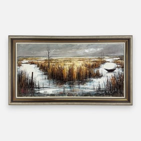 Julien Porisse 1966 French Landscape Oil on Canvas Marsh Estuary MCM Painting