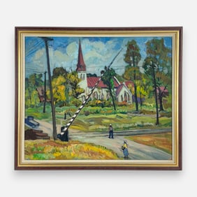 Impressionist Southern Rural Railroad Crossroads Landscape Oil on Board Painting Framed