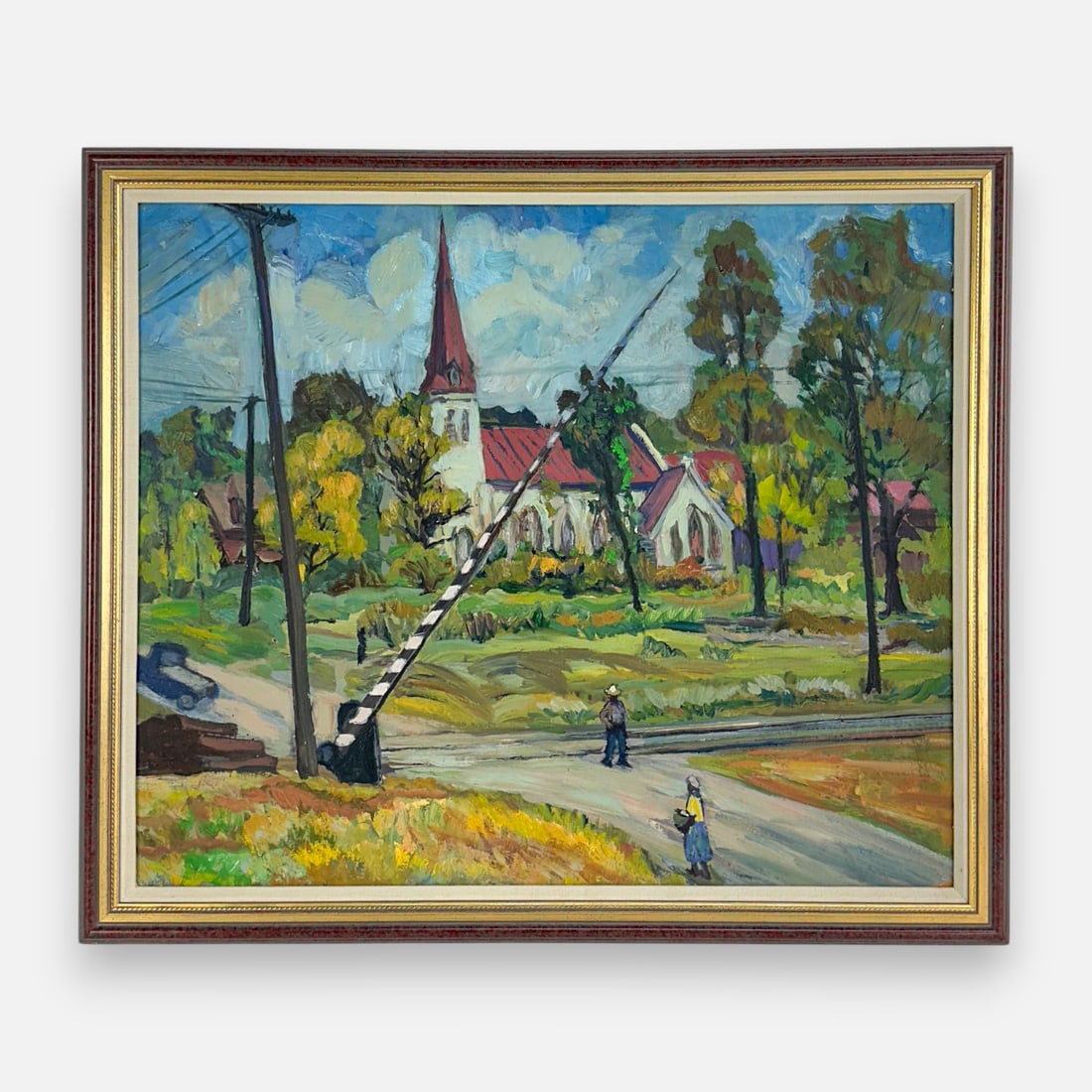 Impressionist Southern Rural Railroad Crossroads Landscape Oil on Board Painting Framed: Approx. board size 20 1/4" x 23". Apparently unsigned. Very good as shown. For shipping, we highly recommend Donald Camden at UPS Store 4608. Alternatively, reach out to one of our preferred shippers 
