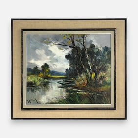 Artist Signed Impressionist Stream Landscape Oil on Board Painting Framed