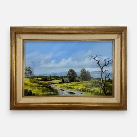 Richard Danskin "Puddles" Pastoral Landscape Oil on Board Painting Framed