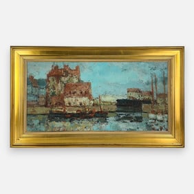 Idka Turkish Impressionist Port Harbor Oil on Canvas Painting Framed