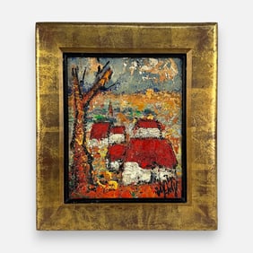 Henry D'Anty MCM Impasto Fall Town Scene Oil on Canvas Painting Framed