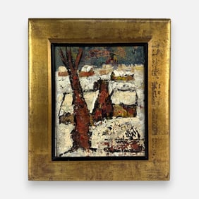 Henry D'Anty MCM Impasto Winter Town Scene Oil on Canvas Painting Framed