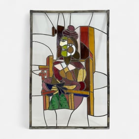 School of Picasso Cubist Style Leaded Stained Glass Window Panel