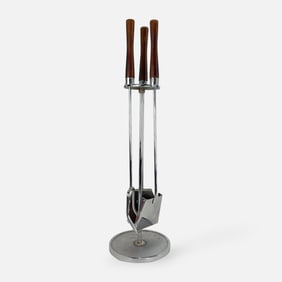 Modernist MCM Chrome & Wood Fireplace Set