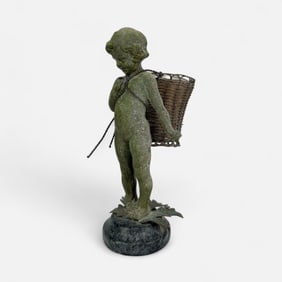 Vintage Petits Choses Cast Bronze Putti Holding Basket on Marble Plinth Base