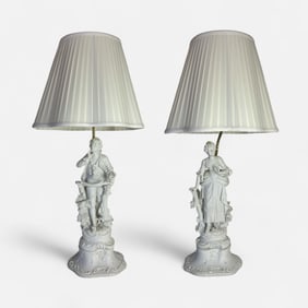 Pair Antique Bisque Porcelain Table Lamps