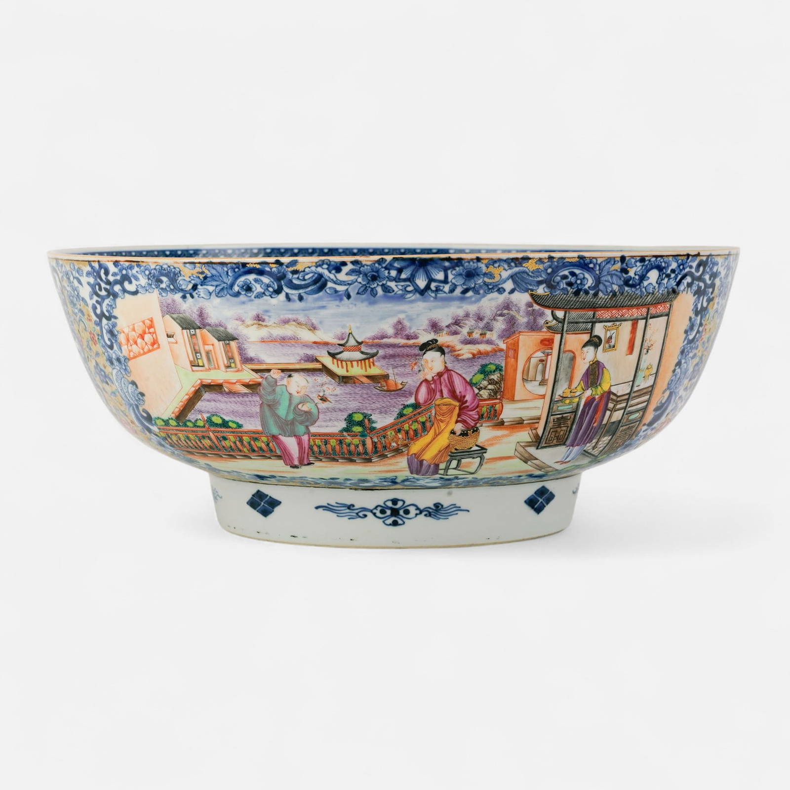 Antique Chinese Export Blue & White Qianlong Period Rose Mandarin Hong Punch Bowl