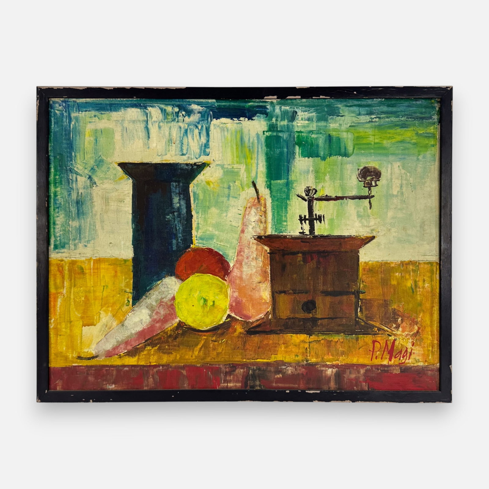 Magi Puig Modernist Still Life Oil on Canvas Painting Framed: Original modernist still life oil painting by Spanish artist Magi Puig (b. 1966). Signed "P. Magi" lower right. Approx. sight size 17 3/4" x 23 1/2". For shipping, we highly recommend Donald Camden at