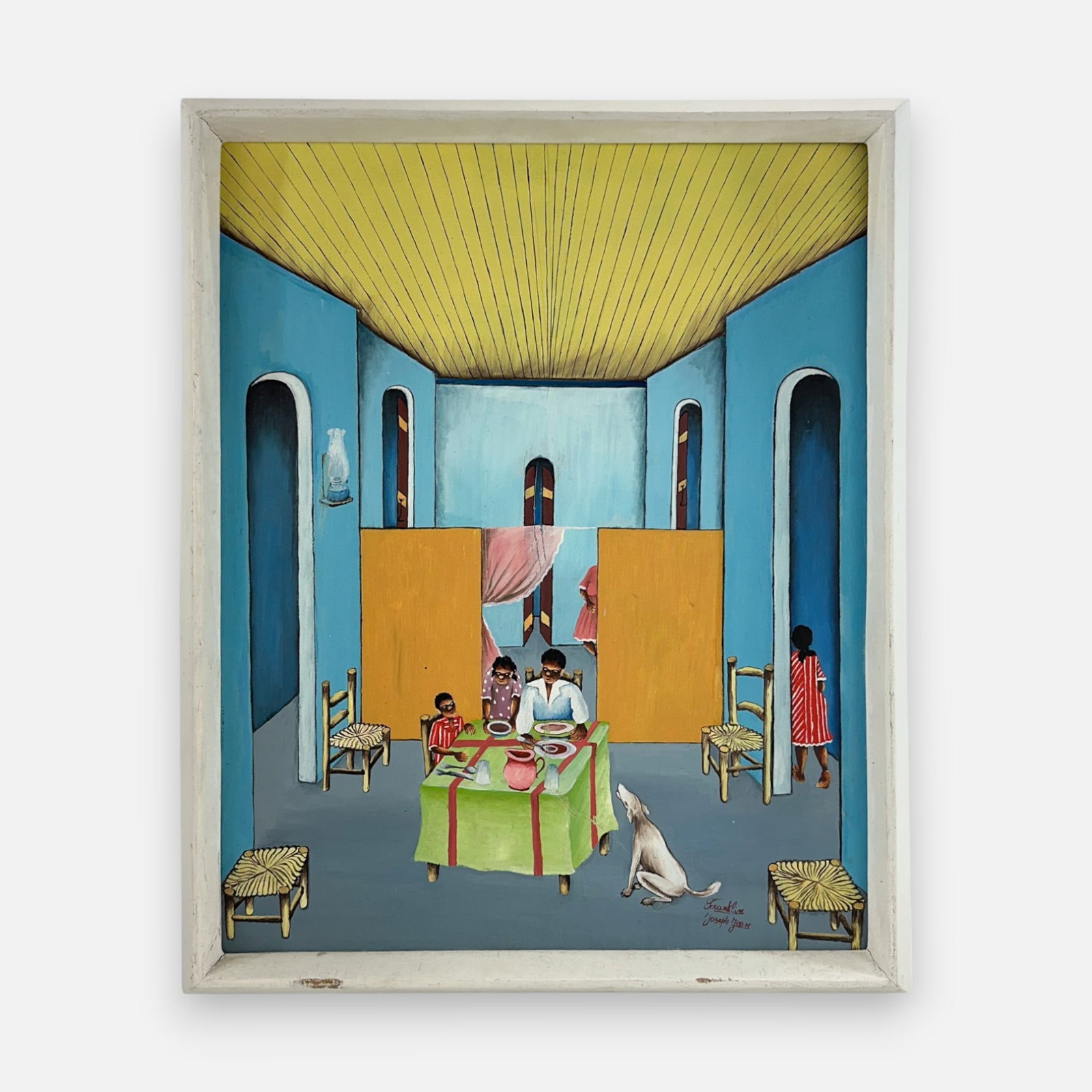 Franklin Joseph Jean Haitian Acrylic on Canvas Painting Framed: Signed "Franklin Joseph Jean" lower right. Fair condition, with shown scratches, smudges. For shipping, we highly recommend Donald Camden at UPS Store 4608. Alternatively, reach out to one of our pref