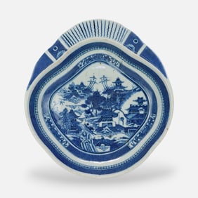 Antique Chinese 19thC Blue & White Canton Shrimp Bowl