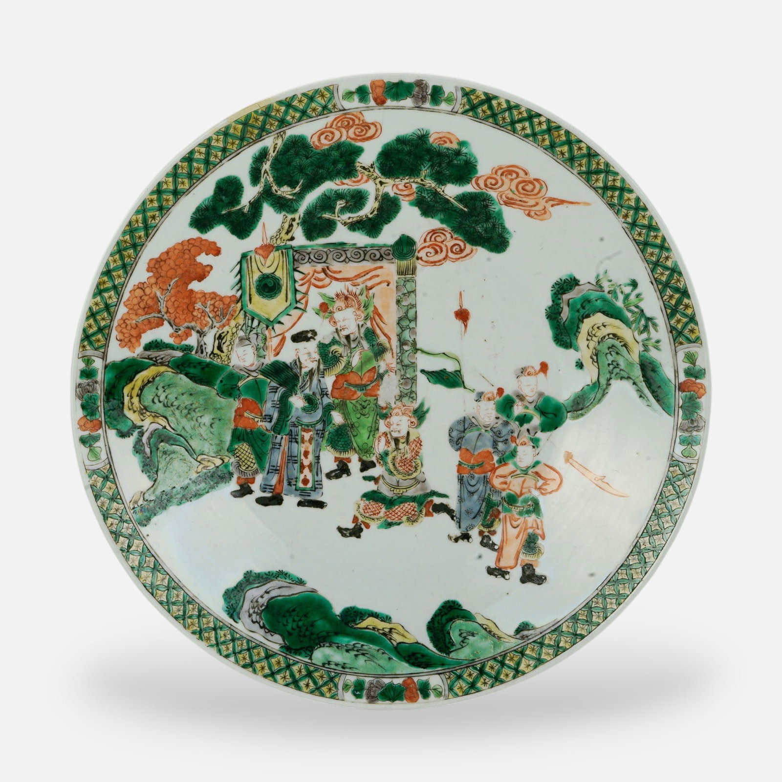 Chinese Porcelain Famille Verte Charger Platter: Fair to good as shown, with old repair flaking. Otherwise, appears free from any chips, cracks, or repairs. For shipping, we highly recommend Donald Camden at UPS Store 4608. Alternatively, reach out 