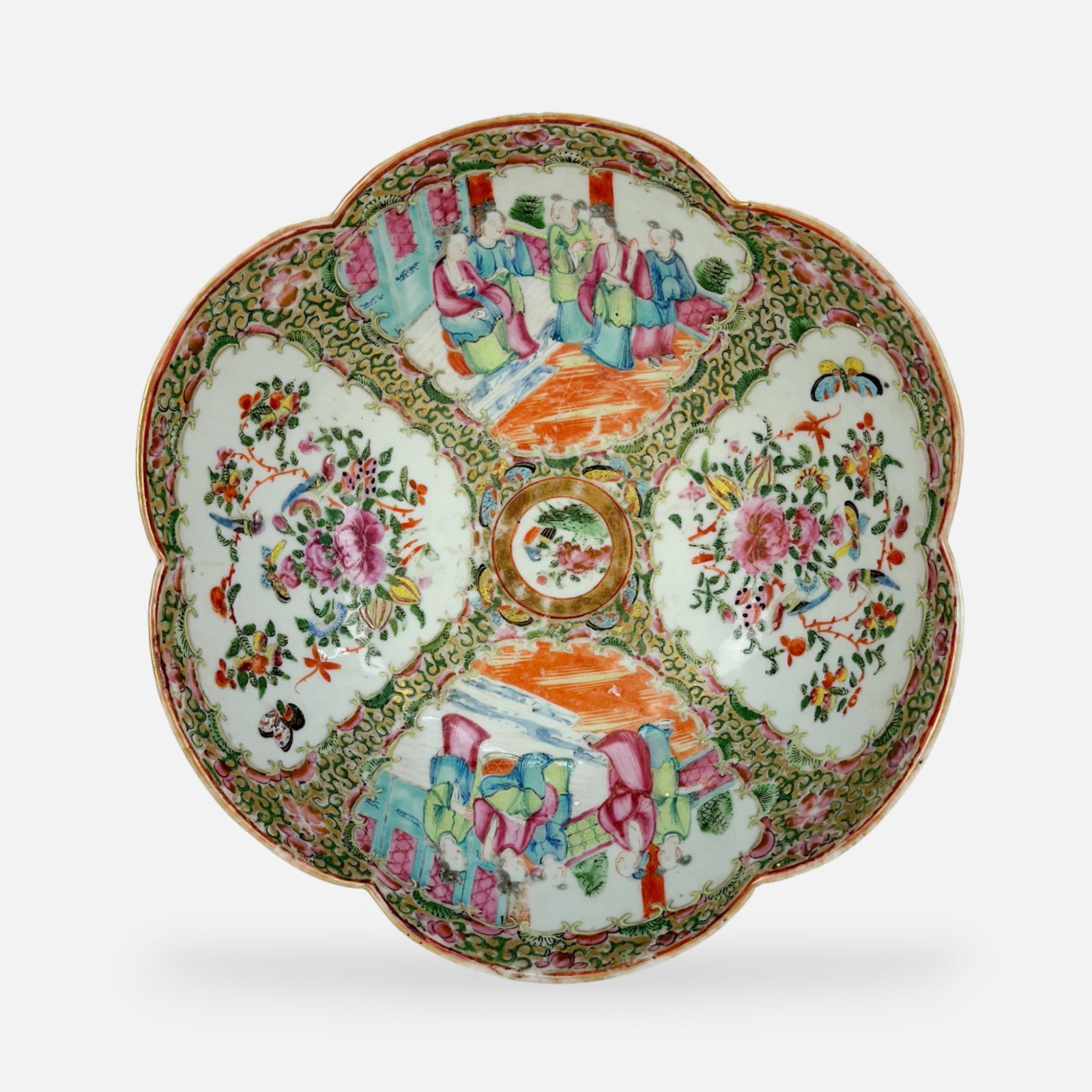 Chinese Porcelain Rose Medallion Six-Lobed Bowl: Fair condition with paint loss. Star crack to base, 2" crack along edge. For shipping, we highly recommend Donald Camden at UPS Store 4608. Alternatively, reach out to one of our preferred shippers li