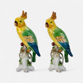Pair Painted Ceramic Cockatoo Parrot Sculptures
