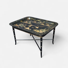 Antique Chinoiserie Handpainted Gilt Paper Mache & Wood Tray Table