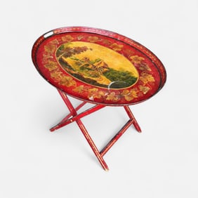 Antique 19thC French Hand Painted Red and Gilt Tole Metal Tray Table