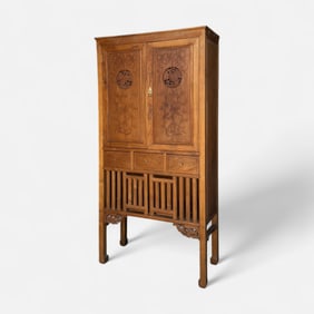 Vintage Four-Door/Three-Drawer Carved Hardwood Hutch Cabinet w/Cut Roundels