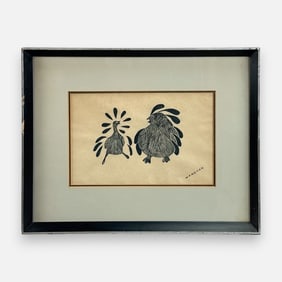 Agnes Nanogak Two Birds Native American Inuit Stonecut Print Framed