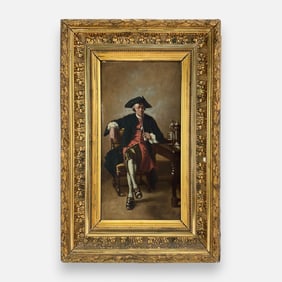 Signed Antique 19thC Portrait of Seated Man Oil on Board Painting Framed