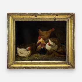 Antique 19thC Chickens in Coop Oil on Canvas Painting Framed