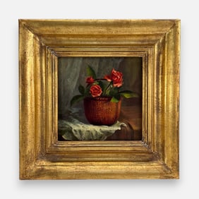 Dee Macy "Antique Basket of Roses" Oil on Canvas Painting Framed