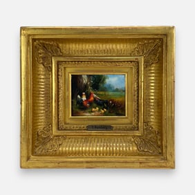 S. Homberg Chickens in Field Oil on Board Painting Framed