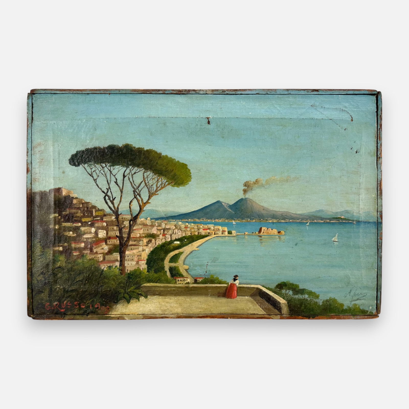 G. Russo "Bay of Naples" 1909 Oil on Canvas Painting Framed (1 of 7)