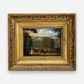 Antique 19thC Rural Scene Oil on Canvas Painting Framed