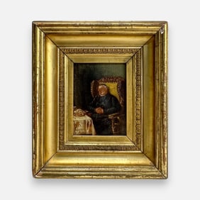 "Sleeping Monk" Antique German Oil on Board Painting Framed