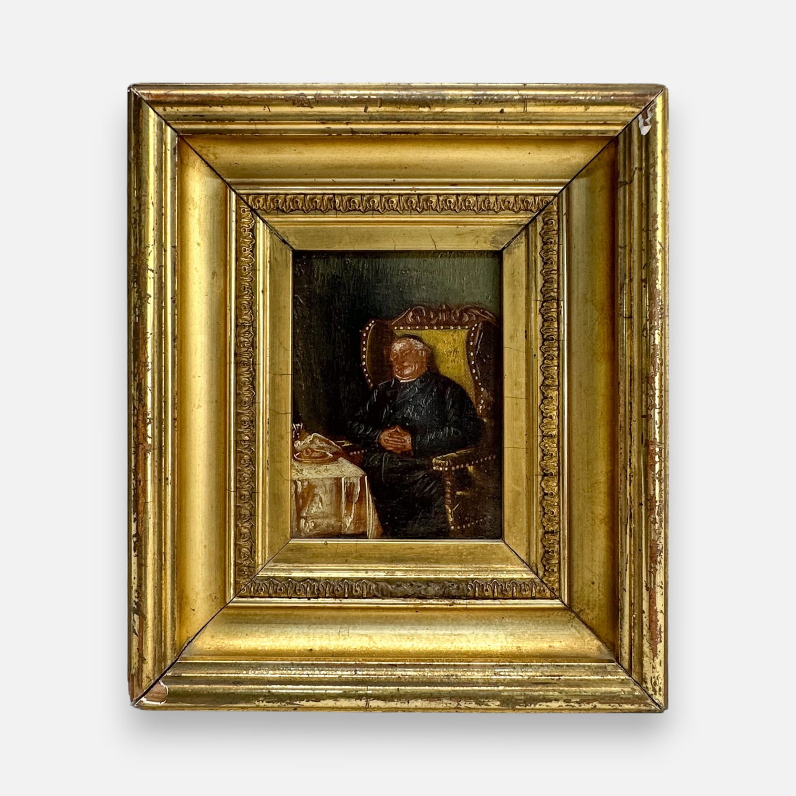 "Sleeping Monk" Antique German Oil on Board Painting Framed: Apparently unsigned. Approx. stretcher size 6" x 4 1/4". For shipping, we highly recommend Donald Camden at UPS Store 4608. Alternatively, reach out to one of our preferred shippers listed at the link