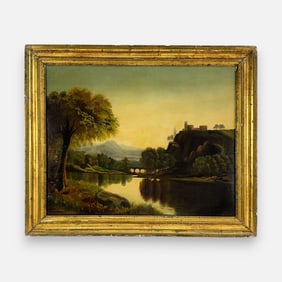 Antique 19thC Hudson River School Landscape Oil on Canvas Painting Framed