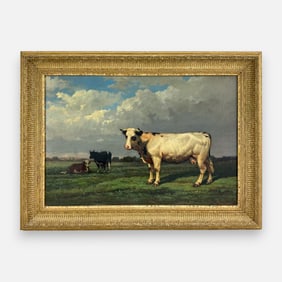 Louis Coignard Cows in Meadow Oil on Board Painting Framed