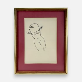 Artist Signed 1975 Bowler Hat Nude Woman Pen & Ink Drawing Framed