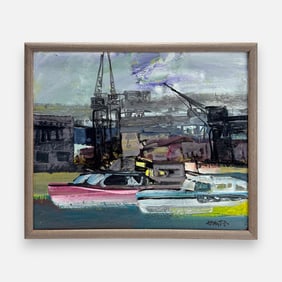 Hugo Nantes Port Scene Oil on Board Painting Framed