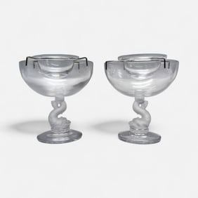 Pair Portieux French Crystal Triton Dolphin Caviar Dish/Cup Servers