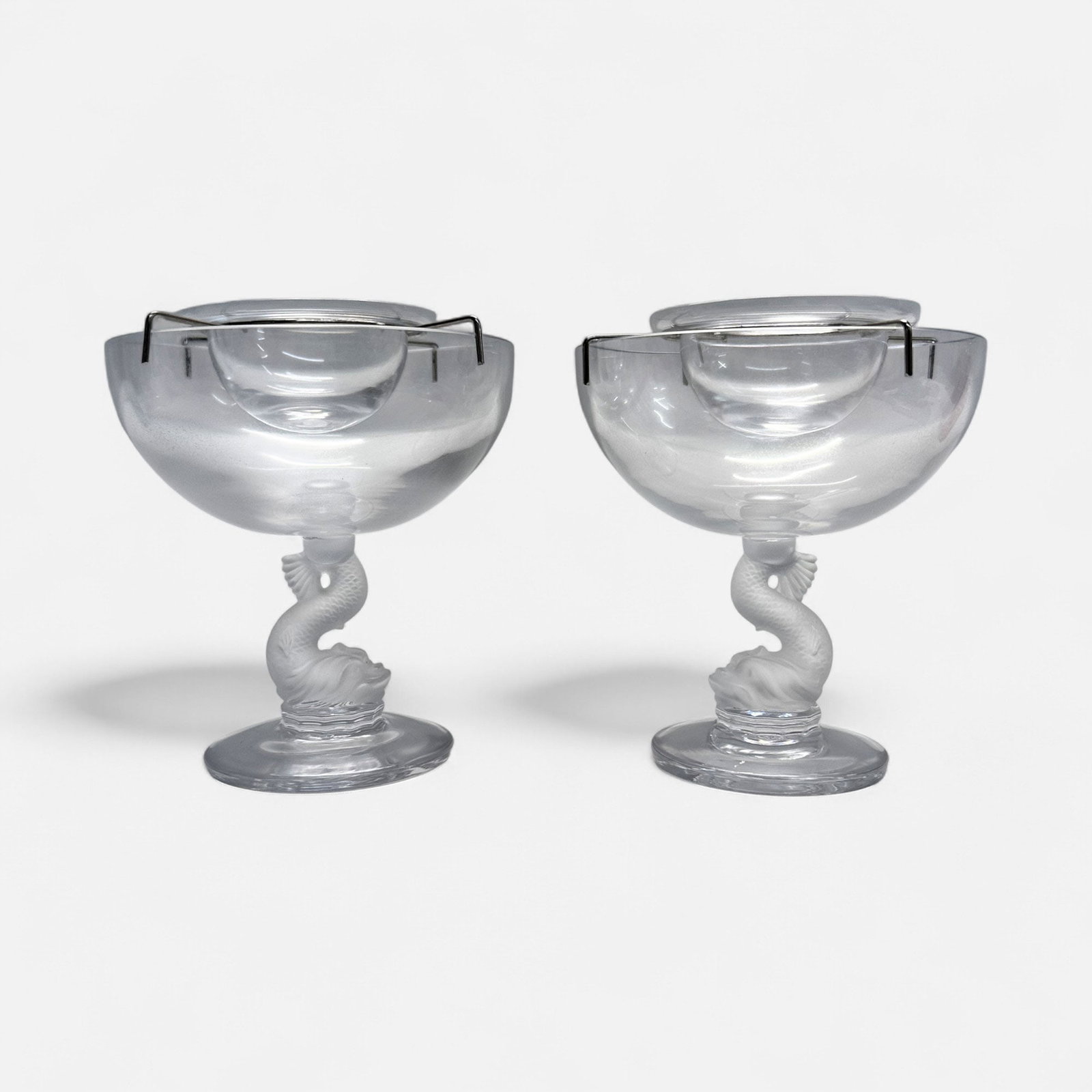 Pair Portieux French Crystal Triton Dolphin Caviar Dish/Cup Servers: Very good original condition with no breaks, chips, scratches or repairs. Ca. mid 20thC. For shipping, we highly recommend Donald Camden at UPS Store 4608. Alternatively, reach out to one of our prefe