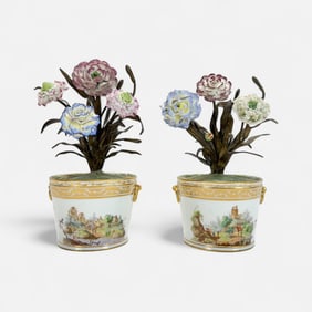 Pair Antique Sevres Porcelain Flower Pot Bouquet in Hand Painted Landscape Pots
