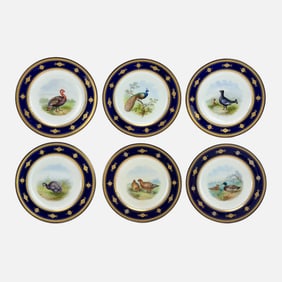Minton Game Birds Hand Painted Porcelain Cabinet Plates Set of Six w/Cobalt Blue & Gilt Gold