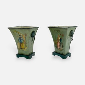Pair Antique French Hand-Painted Chinoiserie Tole Cachepot Planters