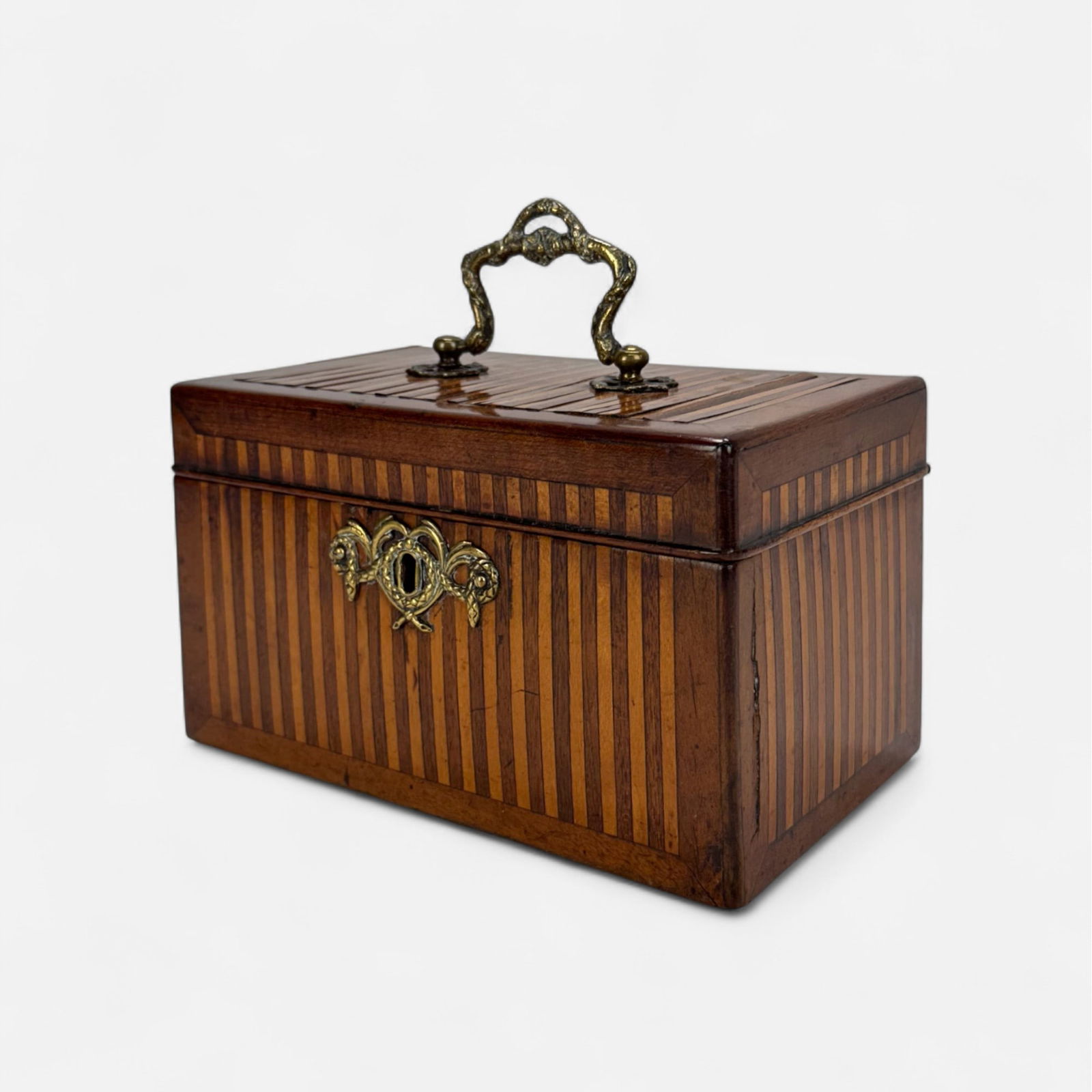 Antique English Stripped Inlay Wood and Brass Tea Caddy (1 of 6)