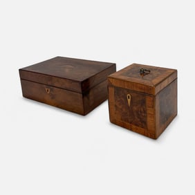 Two Antique Inlaid Wood and Brass Tea Caddy Boxes Shell Design